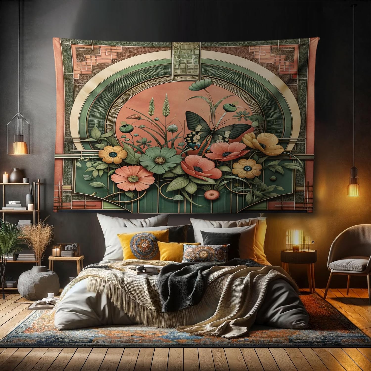 Ambesonne Boho Tapestry, Traditional Japanese Ornaments with Floral Balcony with Butterfly Spring, Fabric Wall Hanging Decor for Bedroom Living Room Dorm, 90" X 60", Dark Salmon Laurel Green