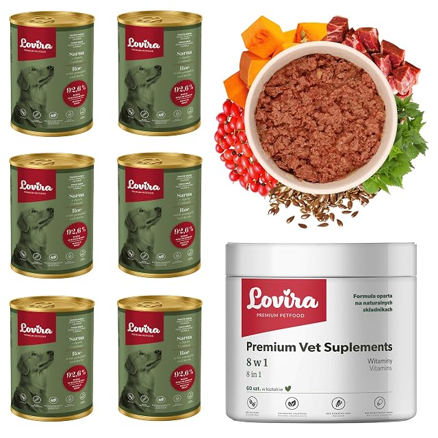 Lovira - Cibo umido per cani - con 92,6% di Carne, Senza cereali - capriolo - Set con integratore 8 in 1