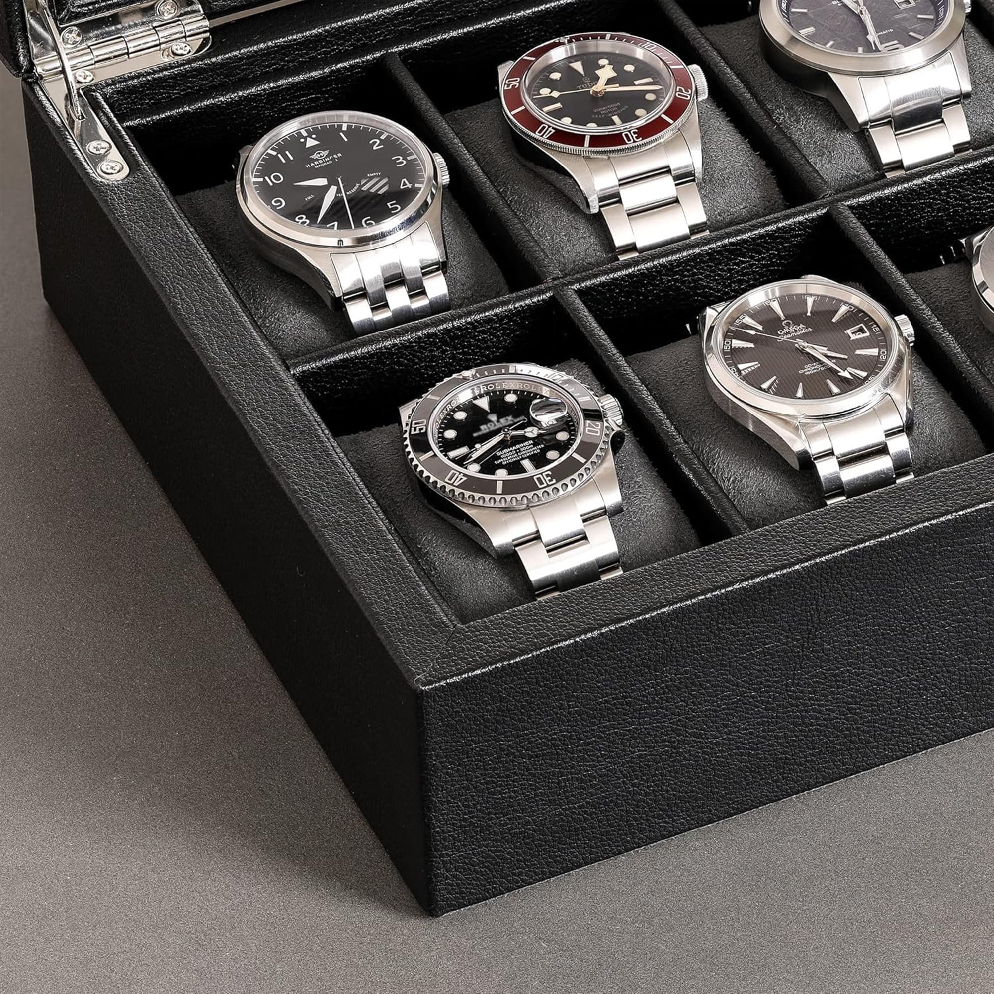 ROTHWELL Uhrenbox aus Leder mit 10 Fächern – Luxus-Uhrenetui, Veranstalter Uhrenaufbewahrung, Ultraweiches Mikro Wildlederimitat Futter, Abschließbarer Schmuck-Uhrenhalter mit Großer Glasplatte