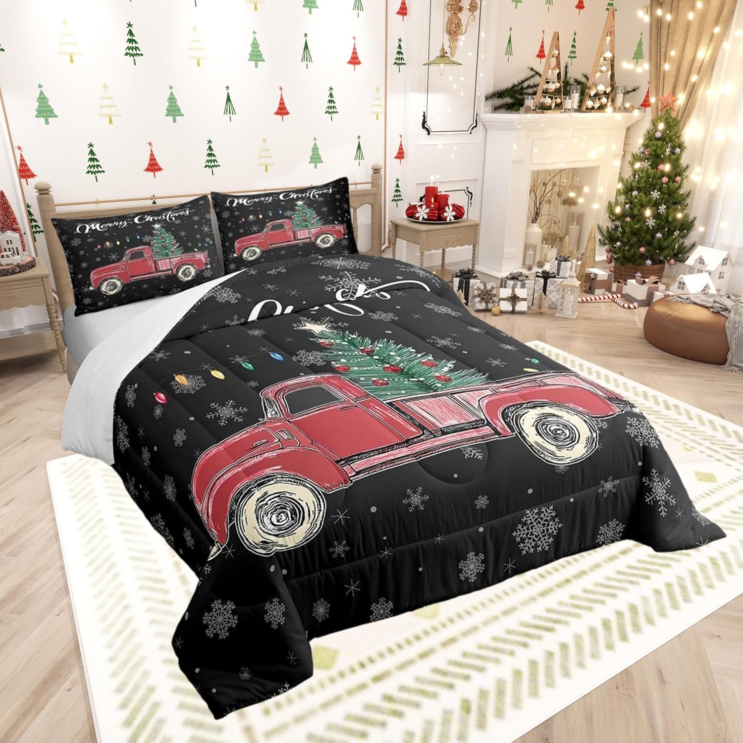 Castle Fairy Merry Christmas Theme Kids Comforter Set Full,Xmas Tree Red Truck Snowflake Watercolor Graffiti Print Bedding Set for Boys Girls Teens Bedrrom Decor,Farmhouse Vintage Rustic Quilt 3 Pcs