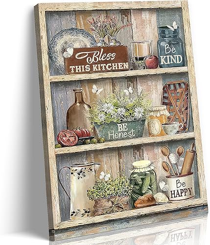 BRPXJRA Arte de pared rústico para cocina, cuadros de cocina campestre, cocina, lienzo, platos de granja, hervidor, lienzo para decoración de pared,