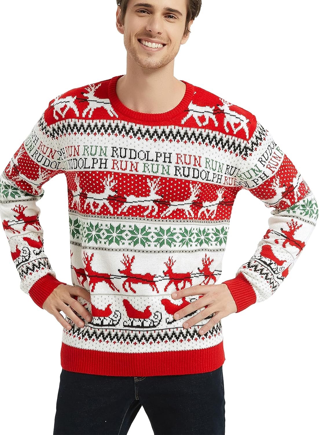 Men's Christmas Rudolph Reindeer Holiday Festive Knitted Sweater Cardigan Cute Ugly Pullover Jumper - Image 2