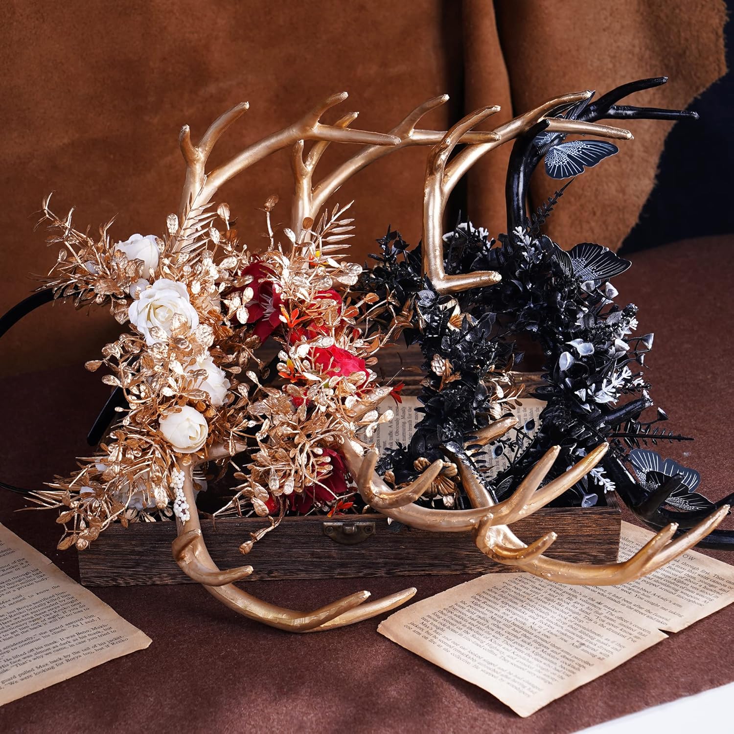 MOSTORY Handmade Gold Flower Antler Headband - Woodland Forest Deer Horns Hairband Floral Reindeer Headpiece for Women s Renaissance Halloween Cosplay Party Photo Shoot