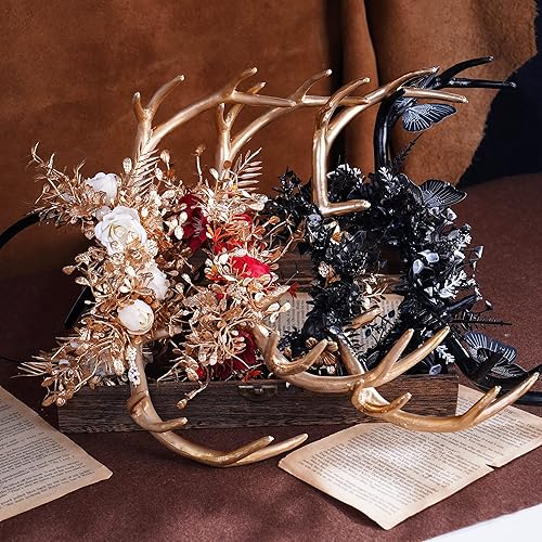 Miniatura 4 de MOSTORY Diadema hecha a mano con flores de cuerno, diadema de cuerno de ciervo con mariposa dorada para mujeres y niñas, renacentista, Halloween,