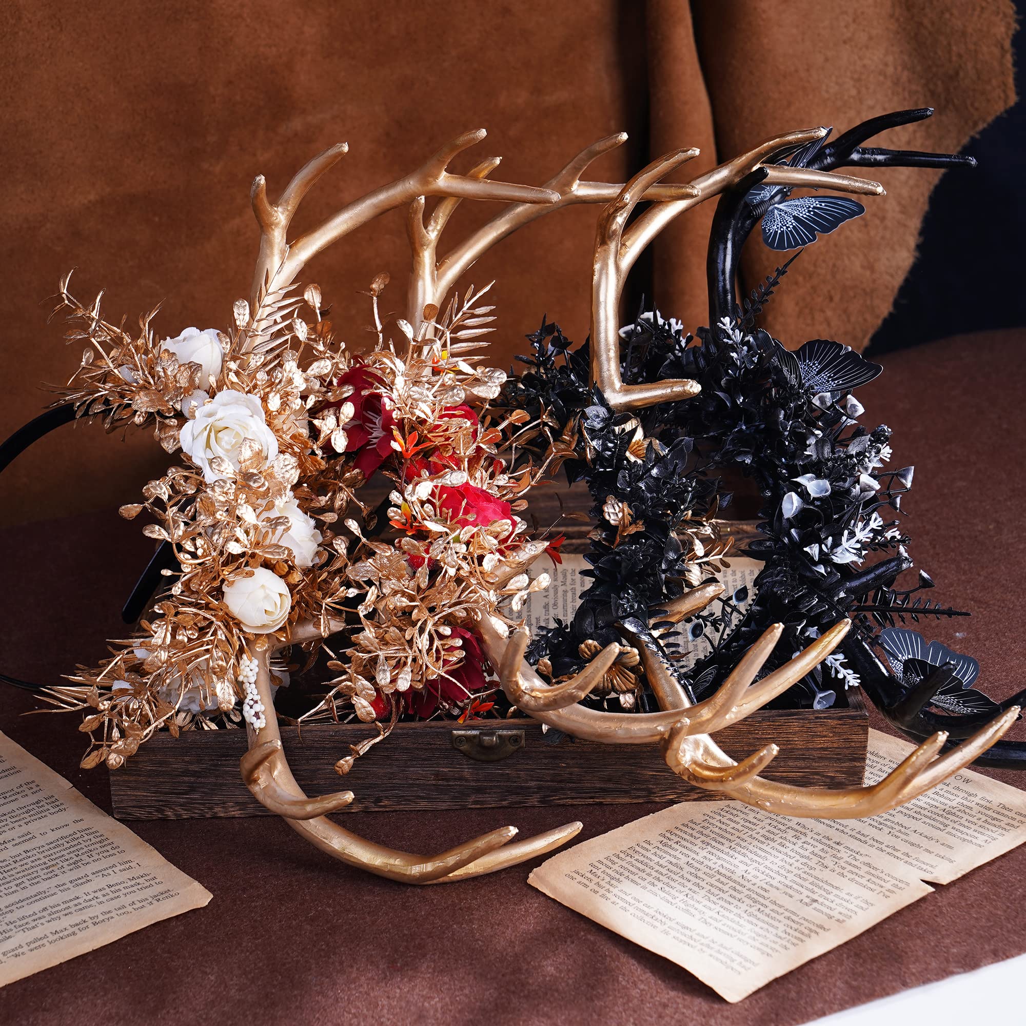 Amazon.com : MOSTORY Handmade Gold Flower Antler Headband  display picture 1