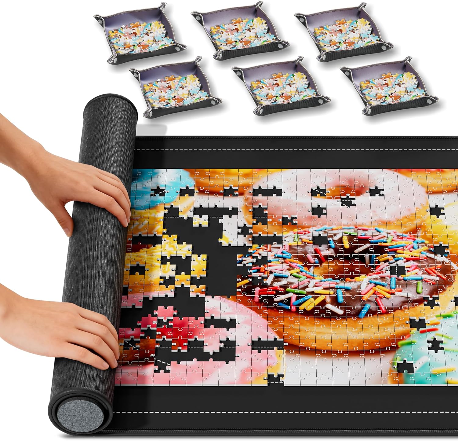 Jigsaw Puzzle Mat Roll Up Up to 1500 Pieces， 46” x 26” Smooth Top Saver Pad with 6 Sorting Trays & Travel Storage Bag，Portable Rollup Puzzles Keeper