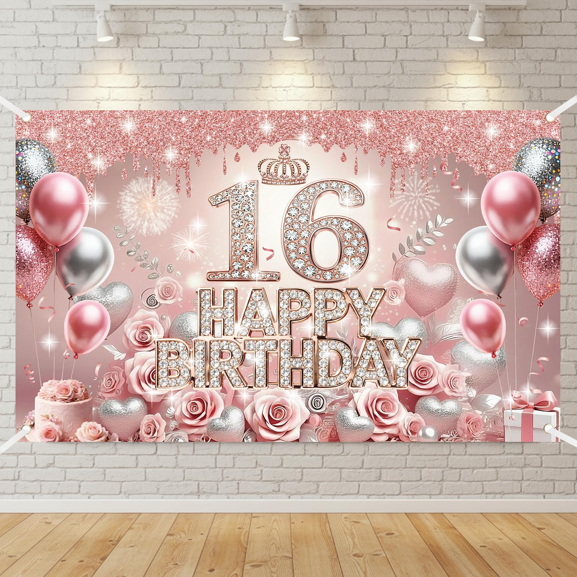 Sweet 16 Birthday Backdrop Decoration - 71x43 Inch Rose Gold Sweet Sixteen Party Decorations Happy 16th Birthday Yard Sign Photo Props 16 Years Old Girl Birthday Background with Balloons Crown Pattern