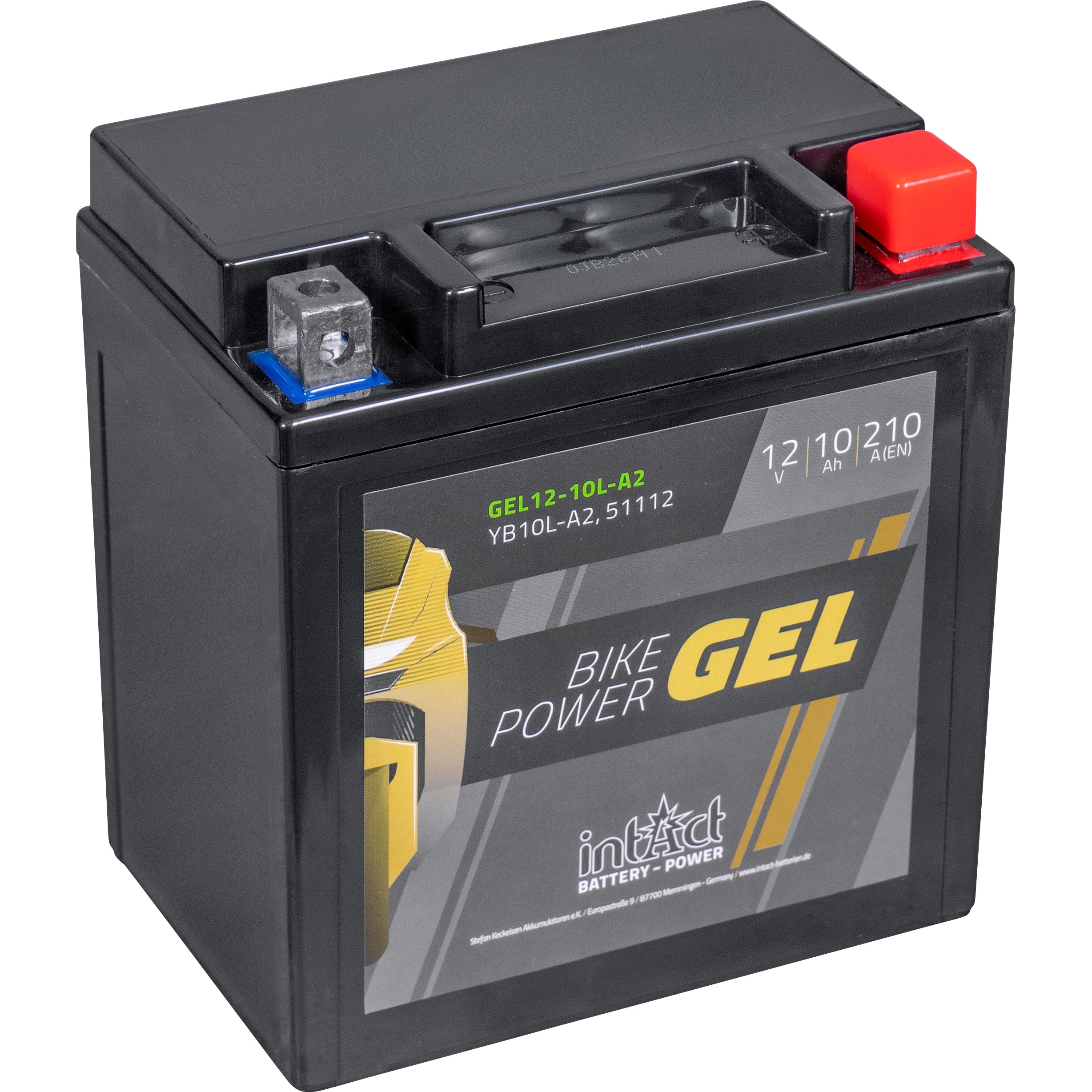 intAct - Bike-Power GEL12-10L-A2, CB10L-A2, 51112, Batería de moto 12V 10 Ah 210 A (EN), Batería de gel de moto sin mantenimiento con un 30% más de potencia de arranque, para scooter, moto, quad