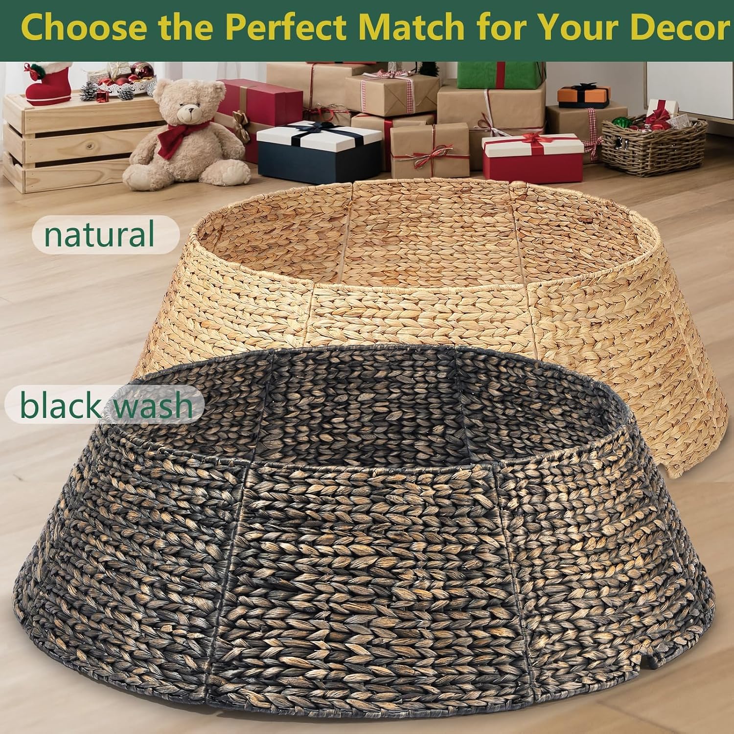 42 Inch Extra Large Christmas Tree Collar, 8 Piece Durable Hyacinth Christmas Tree Base Cover, Handmade Wicker Xmas Tree Collar Adjustable Tree Skirt for Artificial Tree Pencil Tree - Black Wash