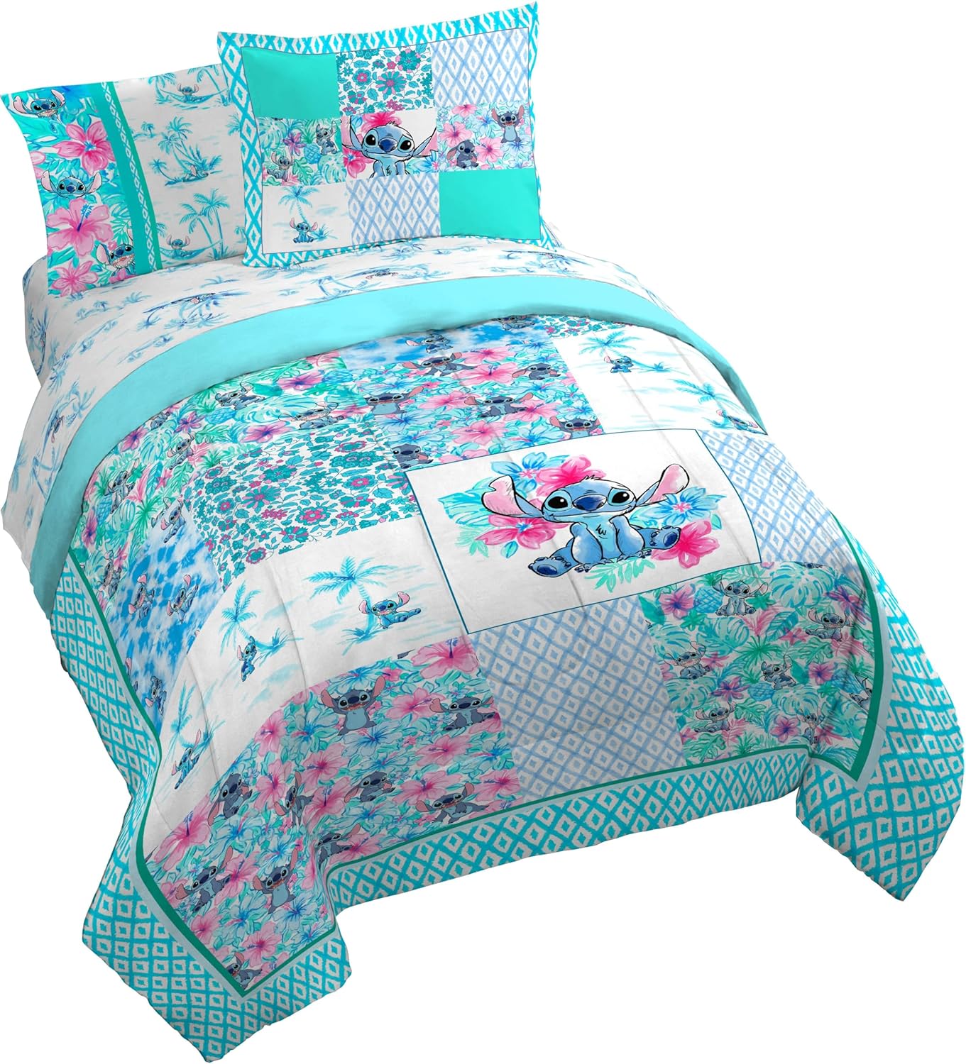 Jay Franco Kids Comforter Set Includes Sheets and Pillow Covers - Soft and Cozy Bed Set for Stylish Room Decor, Multi - Lilo and Stitch 02, 7 Piece Queen Bedding