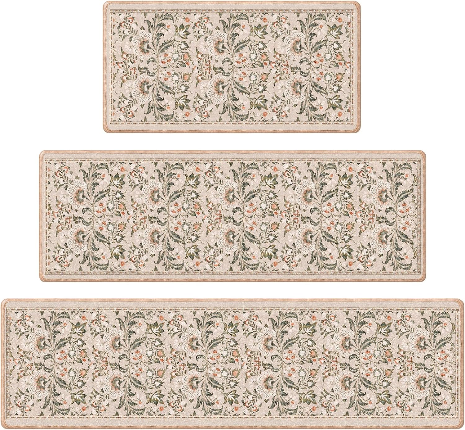 Vintage Floral Kitchen Rugs Sets of 3 for Floor, Long Decorative Kitchen Mats Non Slip, Washable Floor Mat Carpet for Entryway Sink Hallway Laundry Room(16 X 31 + 16 X 47+ 16 x 59 in)