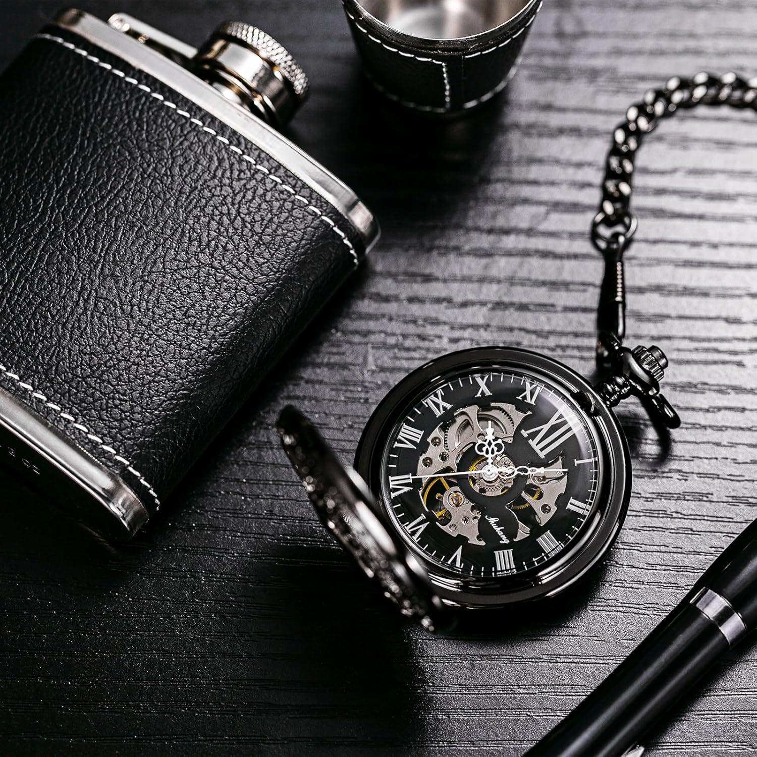 TREEWETO Vintage Pocket Watch Mechanical Double Cover Hollow Case Skeleton Steampunk Deer Case Men Women, Black