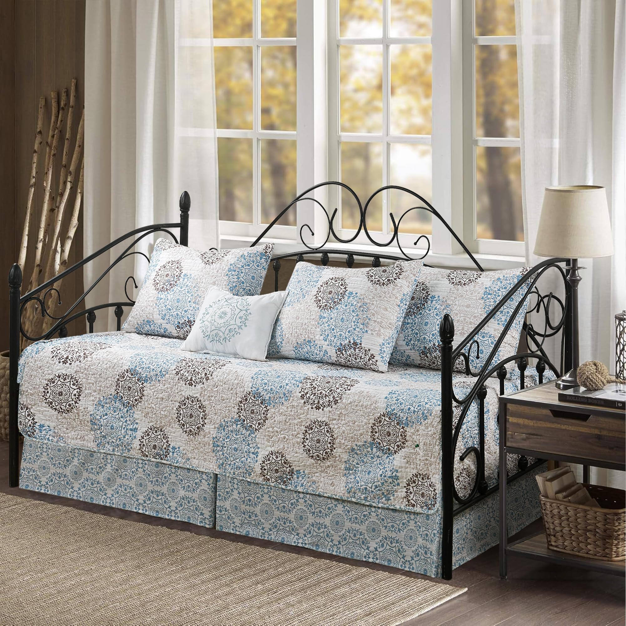 6 Piece Reversible Microfiber Medallion Printed Daybed Cover Set, All Season Luxury Bedding with Bedskirt, Matching Shams, Decorative Pillow, 75"x39", Blue Brown