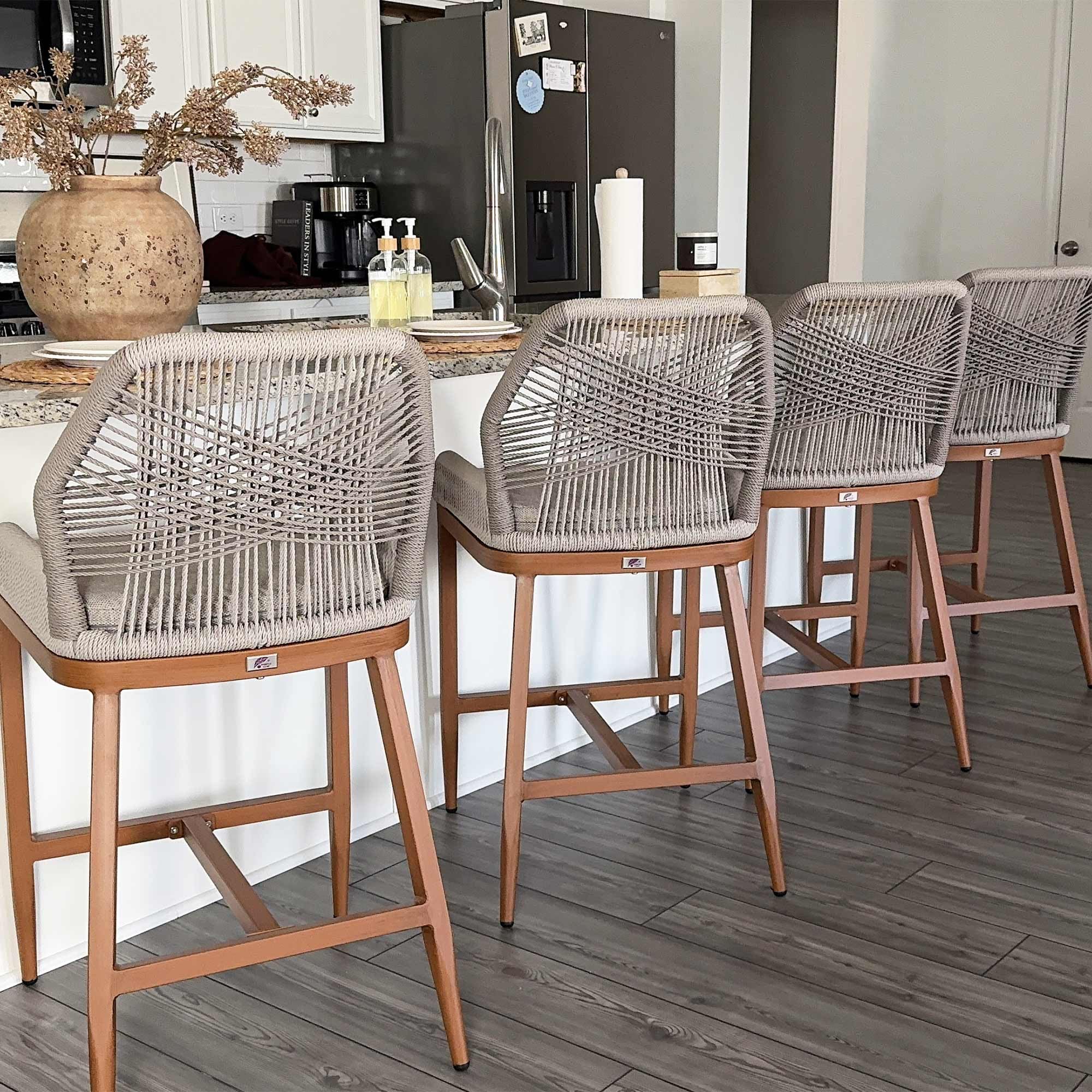 PURPLE LEAF Counter Height Bar Stools Set of Rattan Chair Boho Wicker  Metal Counter Stools with Back and Footrest Patio Seating Modern Garden Pool