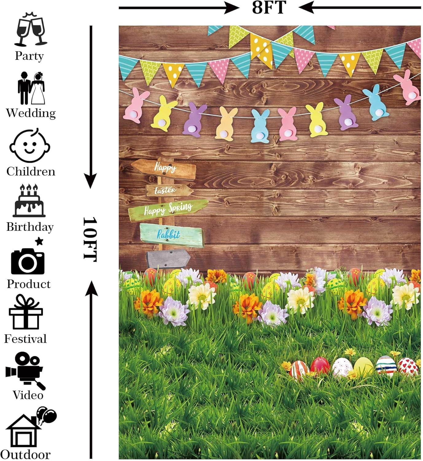 8x10ft Polyester Spring Backdrop Easter Photography Background Eggs Road Sign Wooden Wall Flowers Grass for Kids Newborn Party Decoration Portrait Photo Booth Props