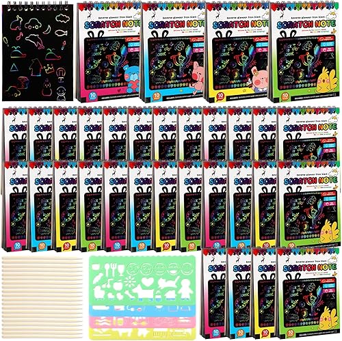 Shappy 36 juegos de cuadernos de papel para rascar, blocs de notas, recuerdos de fiesta, libros para colorear, kit de suministros de arte con lápiz
