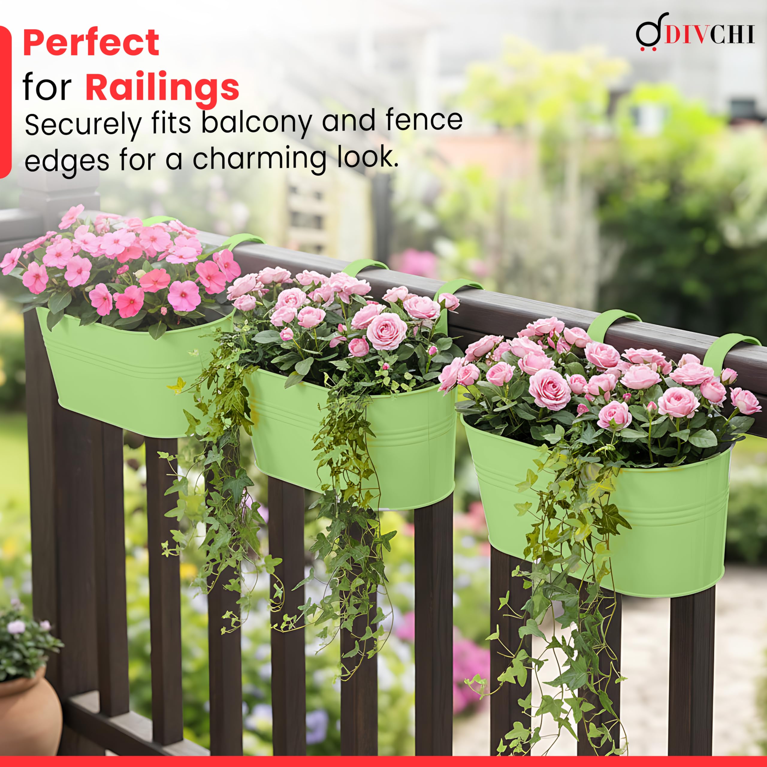 DIVCHI 4PCS Heavy Duty Metal Hanging Plant Pots 30cm Fence Railing Planters with Detachable Hooks Balcony & Garden Flowerpots with Drainage Hole Outdoor & Indoor Décor Planters (Green) - Image 7