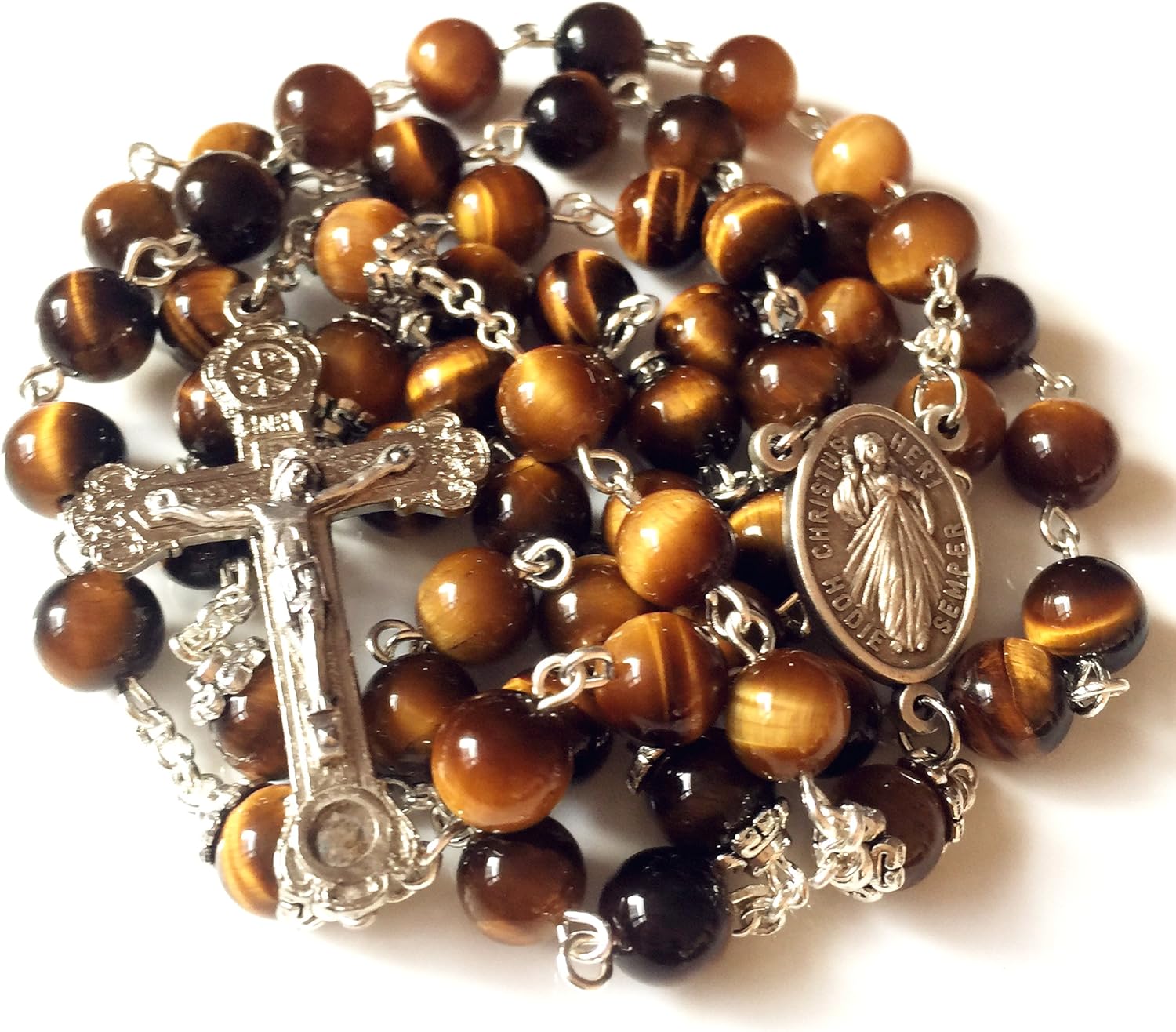 elegantmedical HANDMADE Tiger Eye Rosary Beads Italy Relic Cross CRUCIFIX CATHOLIC NECKLACE GIFT BOX - Image 2