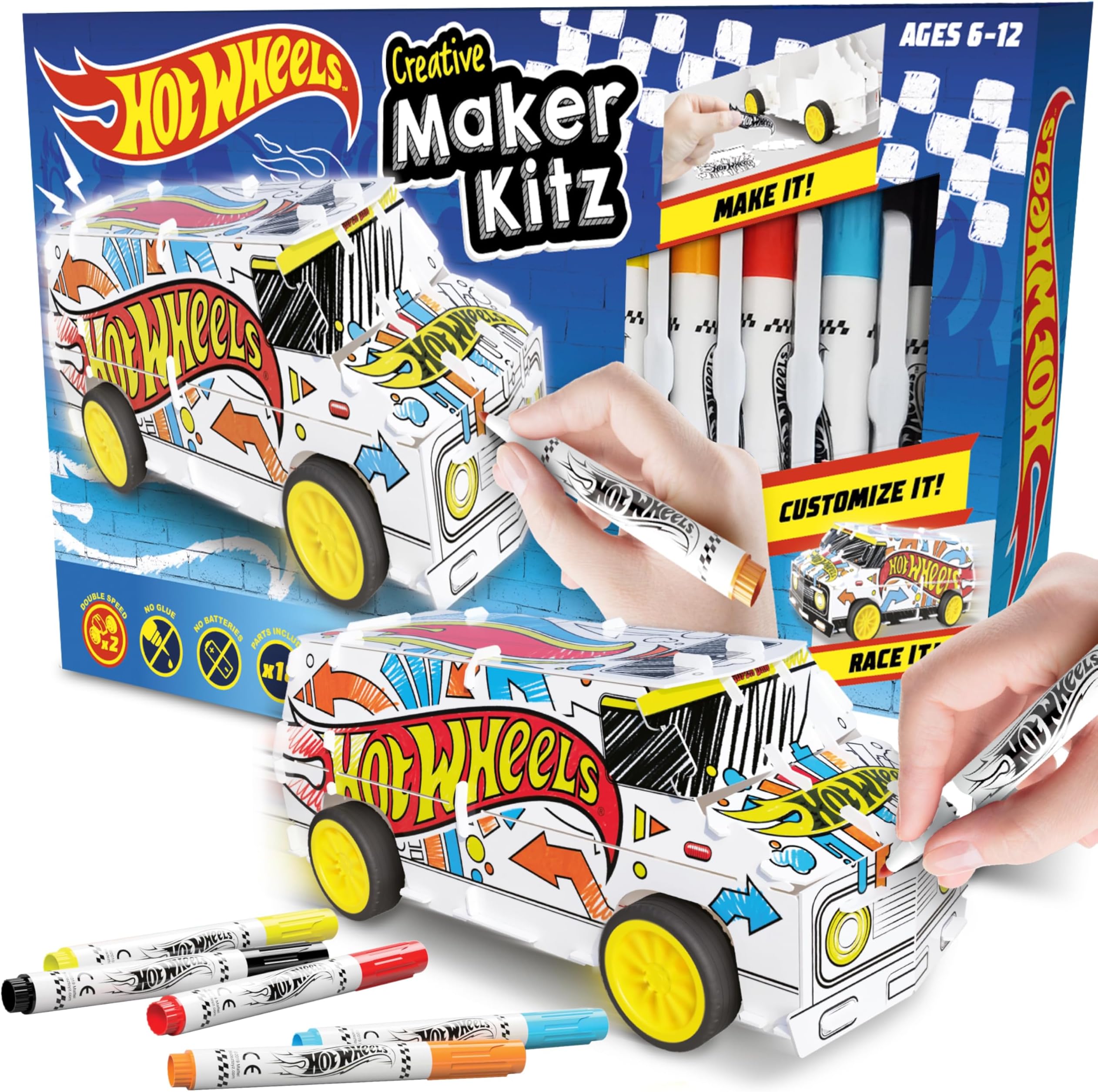 BLADEZ Hot Wheels Custom Super Van, DIY Van, Make Your Own/Build Your Own, Pull Back Vehicle for Kids, Customisable with pens and Stickers, Creative Maker Kitz Toyz