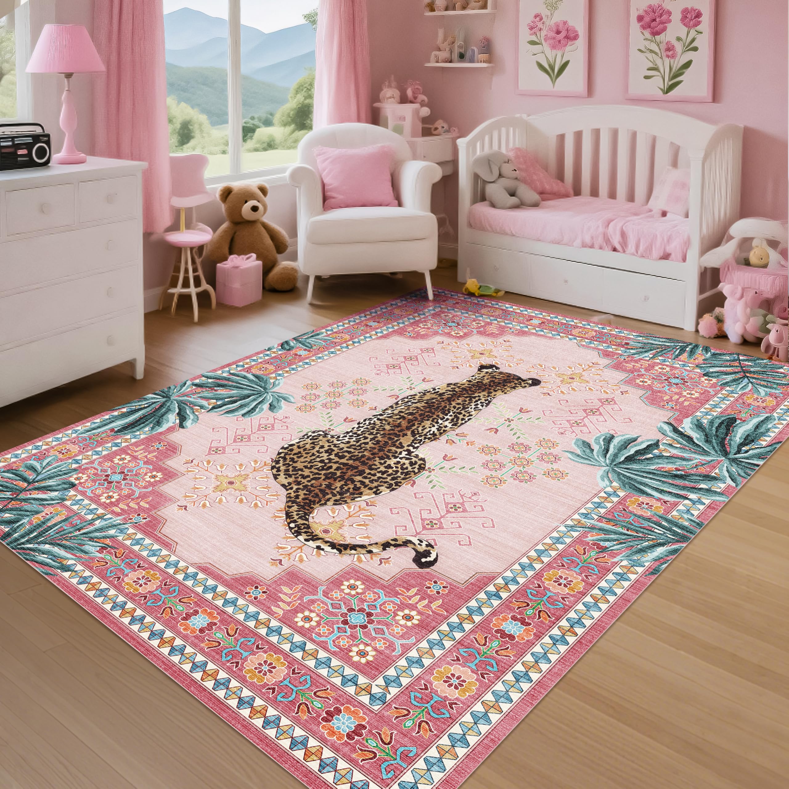 Pink Leopard Rug, Washable Pink Cheetah Area Rug for Nursery 5x7 Animal Print Carpet for Living Room Bedroom