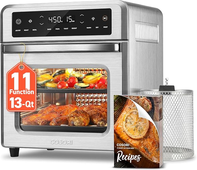 Friteuse à air Cosori 11-en-1, four à air de 13Qt avec combinaison de rotisserie, fonctions de grillage, cuisson, rôtissage, réchauffage et plus, livre de recettes et 6 accessoires inclus, parfaite pour un petit comptoir