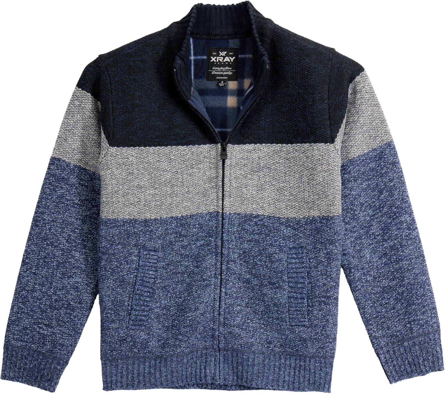 X RAY Boys (6-12) Full Zip Fleece Flannel Lining Sweater, Kids Mock Neck Knit Sweater for Spring, Fall and Winter