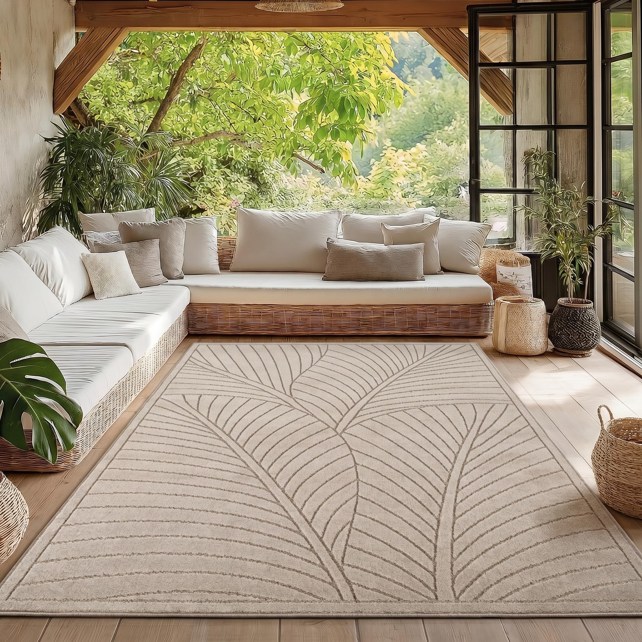 HomebyHome Kurzflor Teppich Wohnzimmer Schlafzimmer 3D Hoch-Tief-Effekt, Skandinavisch Boho Motiv, für Outdoor Bereich geeignet Terrassen oder im Balkon