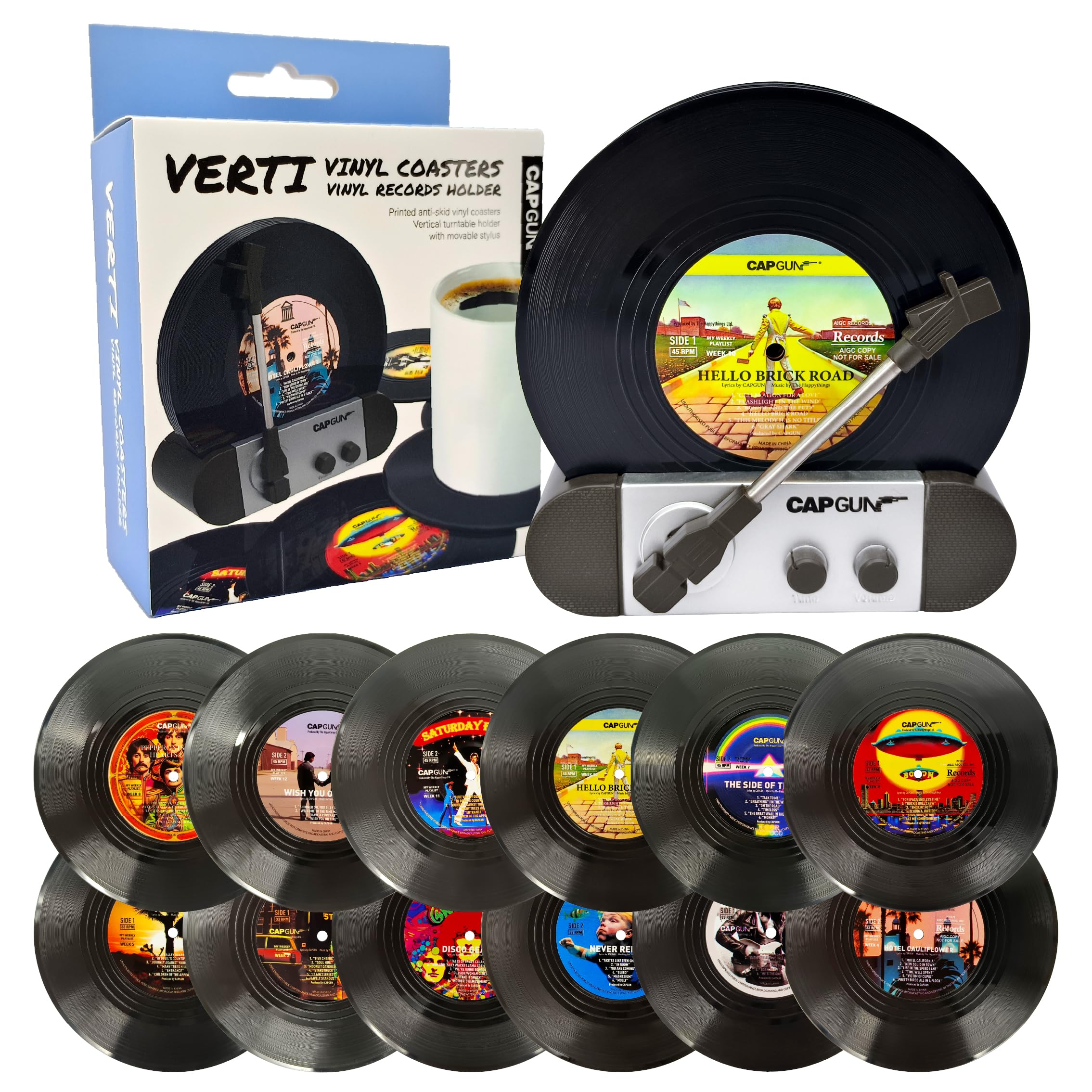 Funny Retro Vinyl Record Coasters, Creative Drink Coaster Set of 12 for Music Lovers, Housewarming Hostess Gifts, Birthday and White Elephant Gifts Ideas (12PC V03BM)