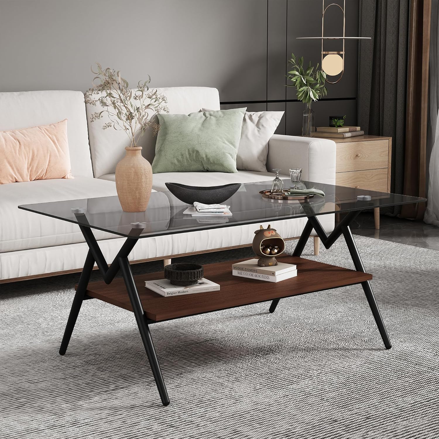 Glass Coffee Table, Mid Century 2 Tier Coffee Table with Tempered Glass Top & Wood Storage Shelf, Center Table for Living Room Apartment Small Space (Grey/Brown/Black)