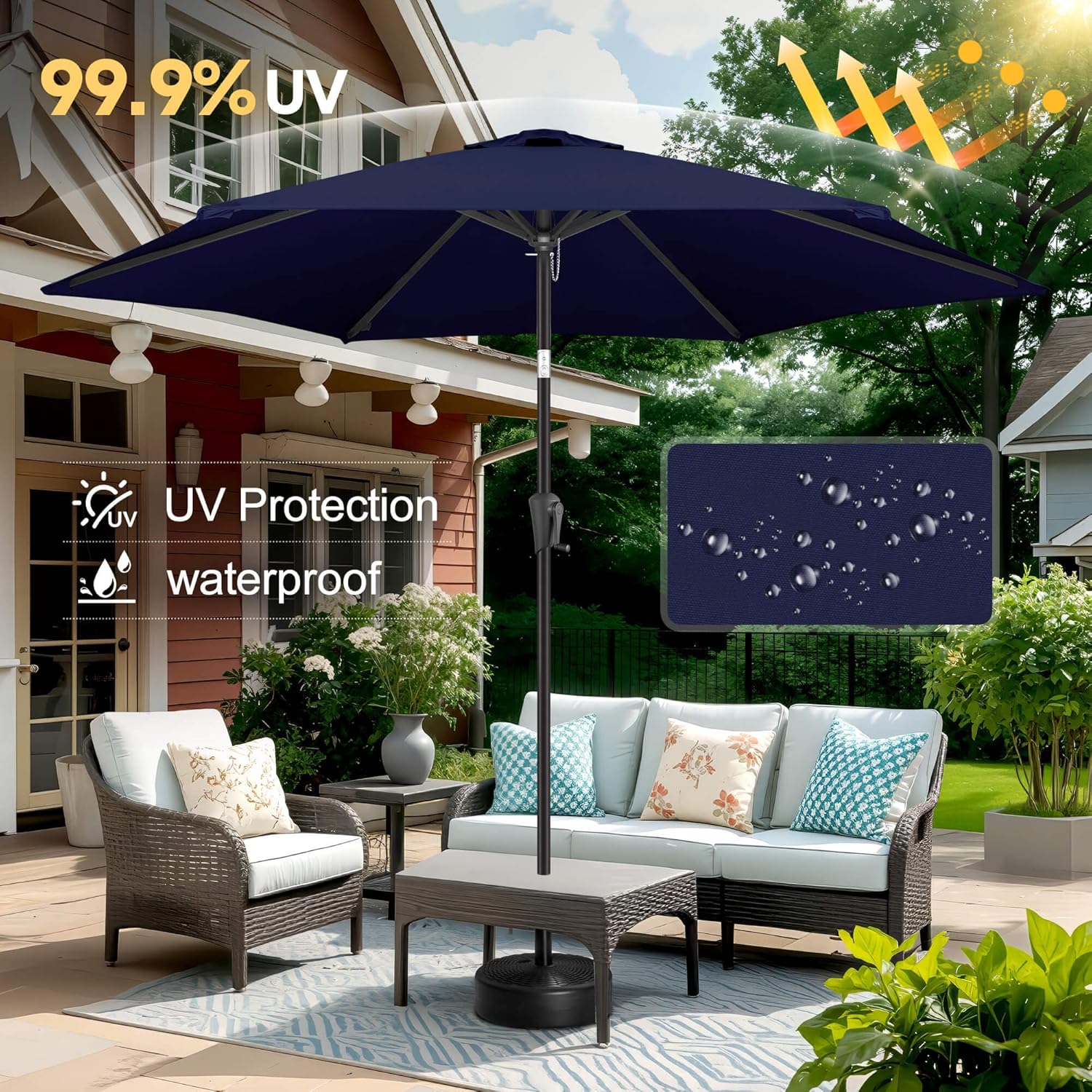 FLAME&SHADE 10ft Patio Umbrella - Outdoor Umbrella with 6 Sturdy Ribs, Push Button Tilt and Crank, UV Protection Table Market Umbrella for Pool, Porch, Garden, Deck, Backyard (Navy Blue)