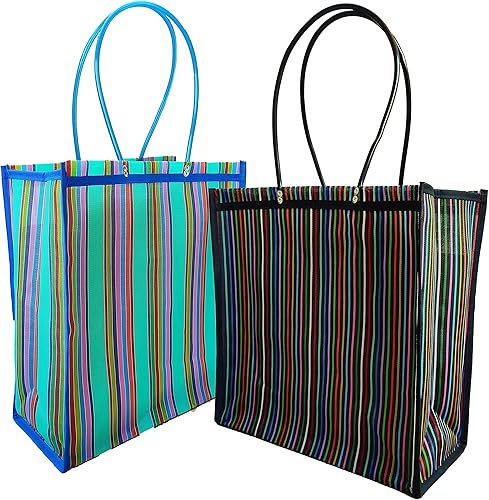 Paquete de 2 bolsas grandes de mercado mexicano con fuelle en varios colores, bolsas de mercadillo reutilizables de malla con parte inferior plana