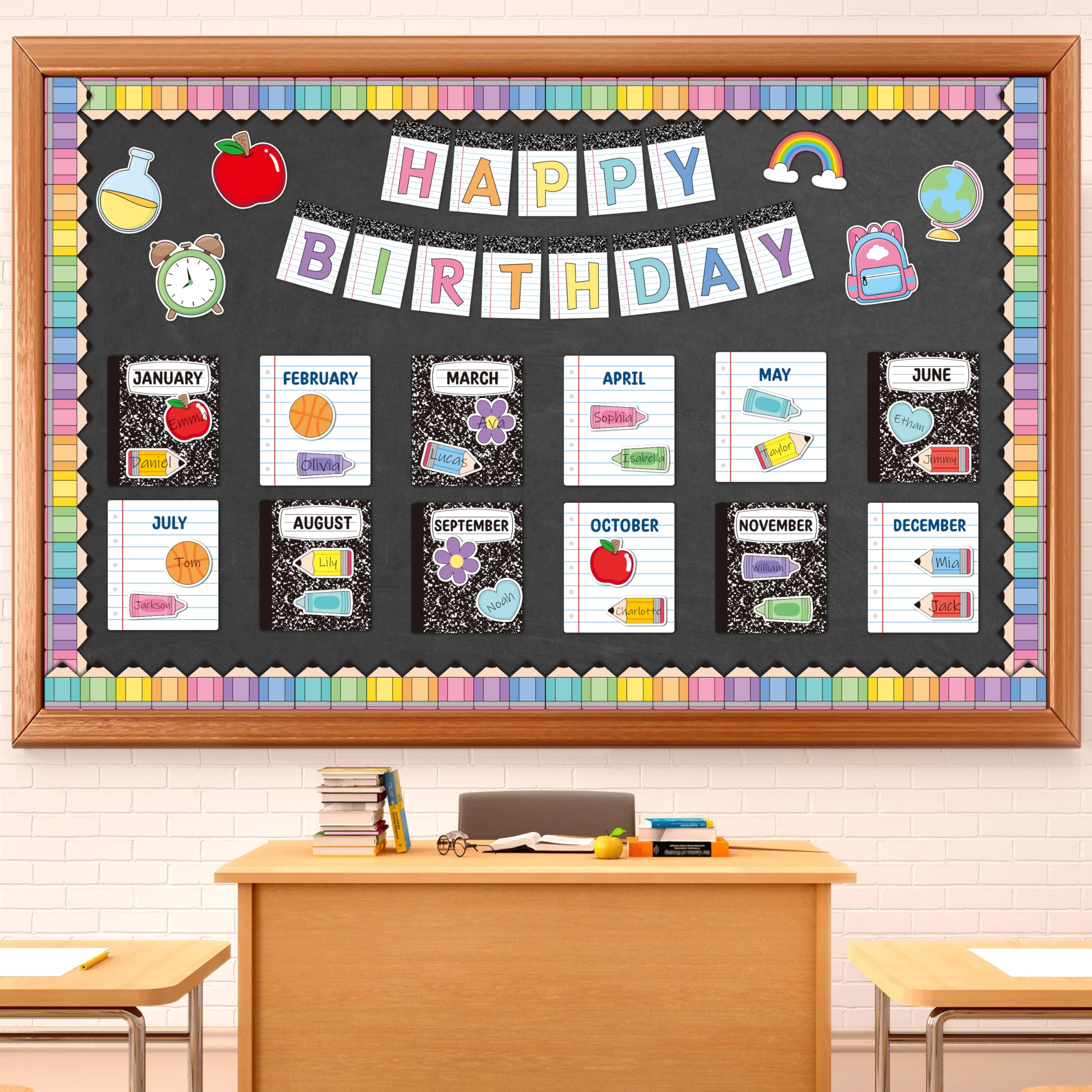 TICIAGA Carnet de composition pour tableau d'affichage d'anniversaire – 76 pièces avec découpes pour fournitures pour enseignants de salle de classe, crayon coloré pour la rentrée scolaire, étiquette