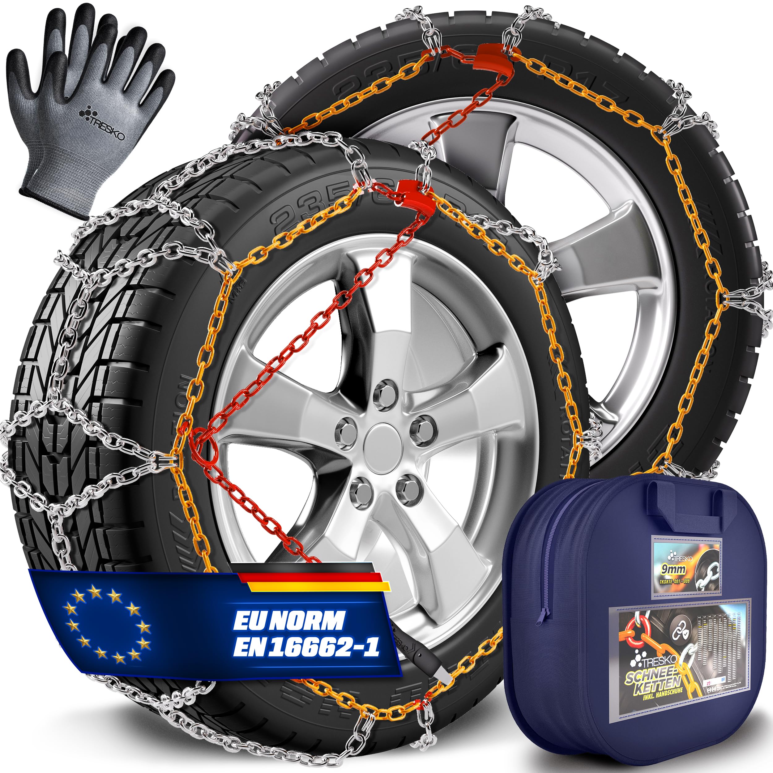 TRESKO 2x Cadenas de nieve para coche, incluye guantes y caja de almacenamiento, cadenas de neumáticos de metal para coches, cadenas de nieve EN 16662-1 & ÖNORM V5117 | Montaje rápido | para delantero