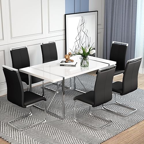 Miniatura 2 de Juego de mesa de comedor para 6, moderno juego de mesa de comedor rectangular, mesa de cocina blanca de 55 pulgadas con 6 sillas de comedor de cuero