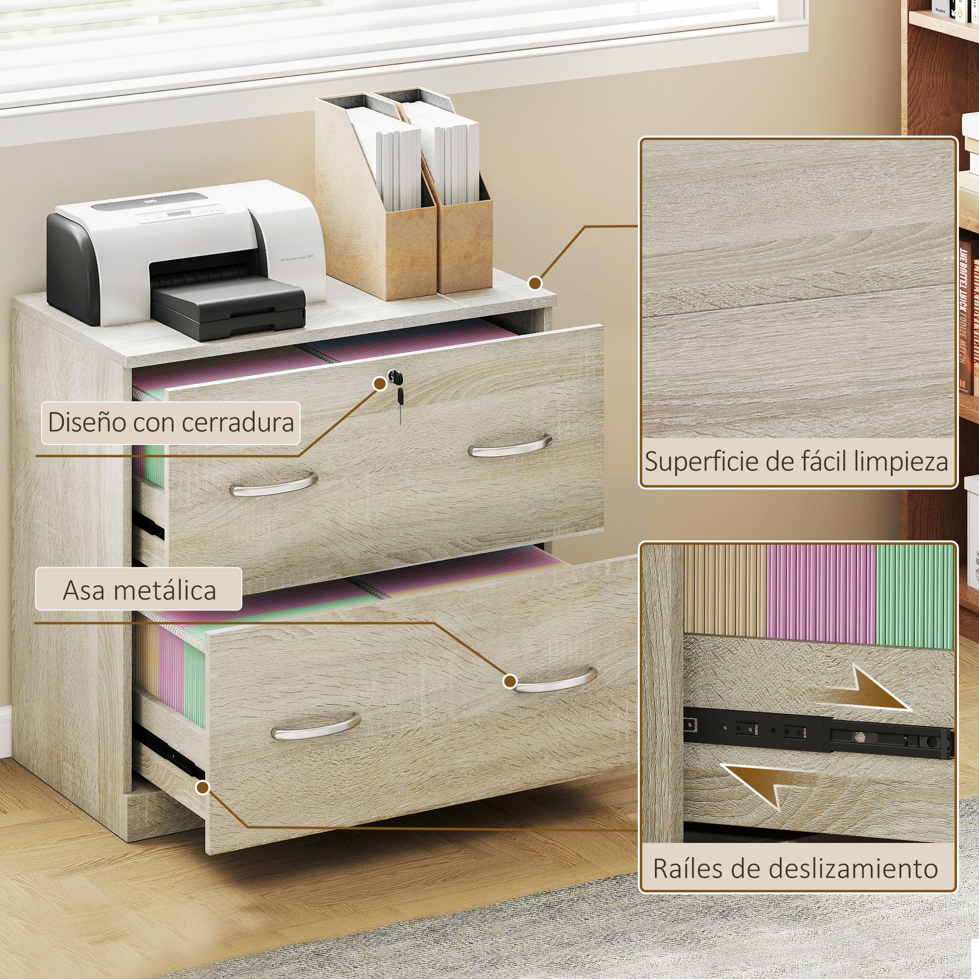 Vinsetto Commode de bureau avec 2 tiroirs avec guides pour dossiers suspendus pour serrure A4 et 2 clés pour studio salon 74 x 42 x 72 cm Naturel
