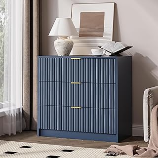 MAISONARIA Fluted Dresser for Bedroom, 32 Inch Wide Nightstand with Large Drawer, 3 Drawer End Table for Bedroom, Living Rooms, Offices, and Entryways, Navy Blue