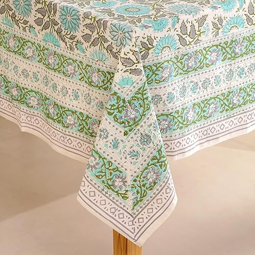 Miniatura 34 de Hand Block Printed Cotton Tablecloth – Elegant Floral Design Perfect for Dining Table Kitchen Parties Home Decor, Wall Tapestry (Peach Floral, 6