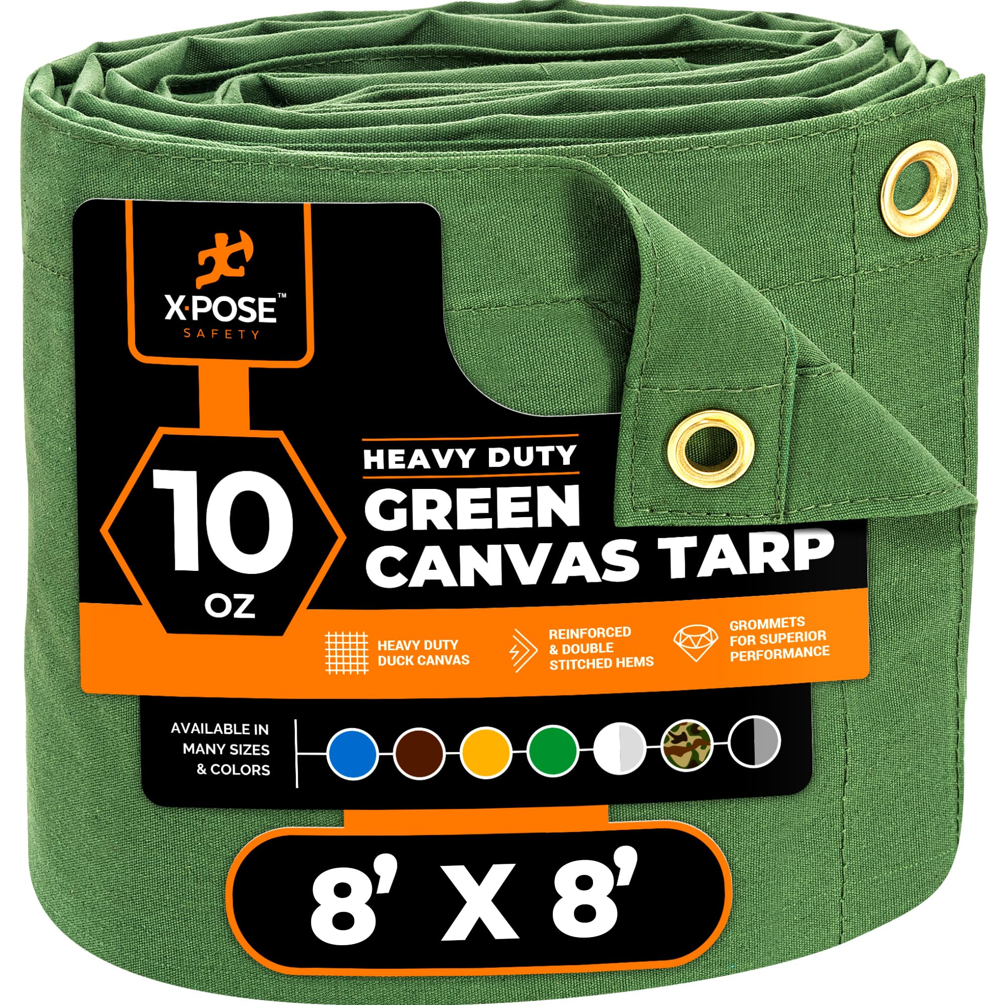 Xpose Safety Canvas Tarp - 10oz Green Canvas Tarps Heavy Duty Water Resistant with Brass Grommets- Multipurpose Outdoor Tarpaulin for Camping, Canopy, Trailer, Equipment Cover 8' x 8' โ image 1