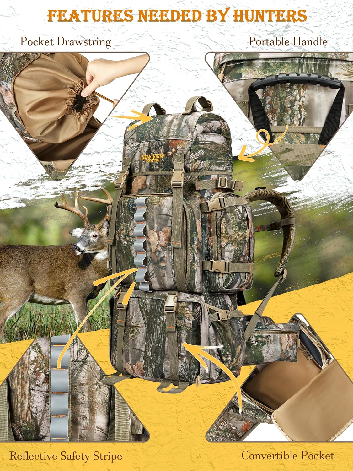 NEW VIEW Hunting Backpack for Men 80L, Camo Bag for Deer, Elk, Waterproof Daypack with Rain Cover & Frame - Image 2