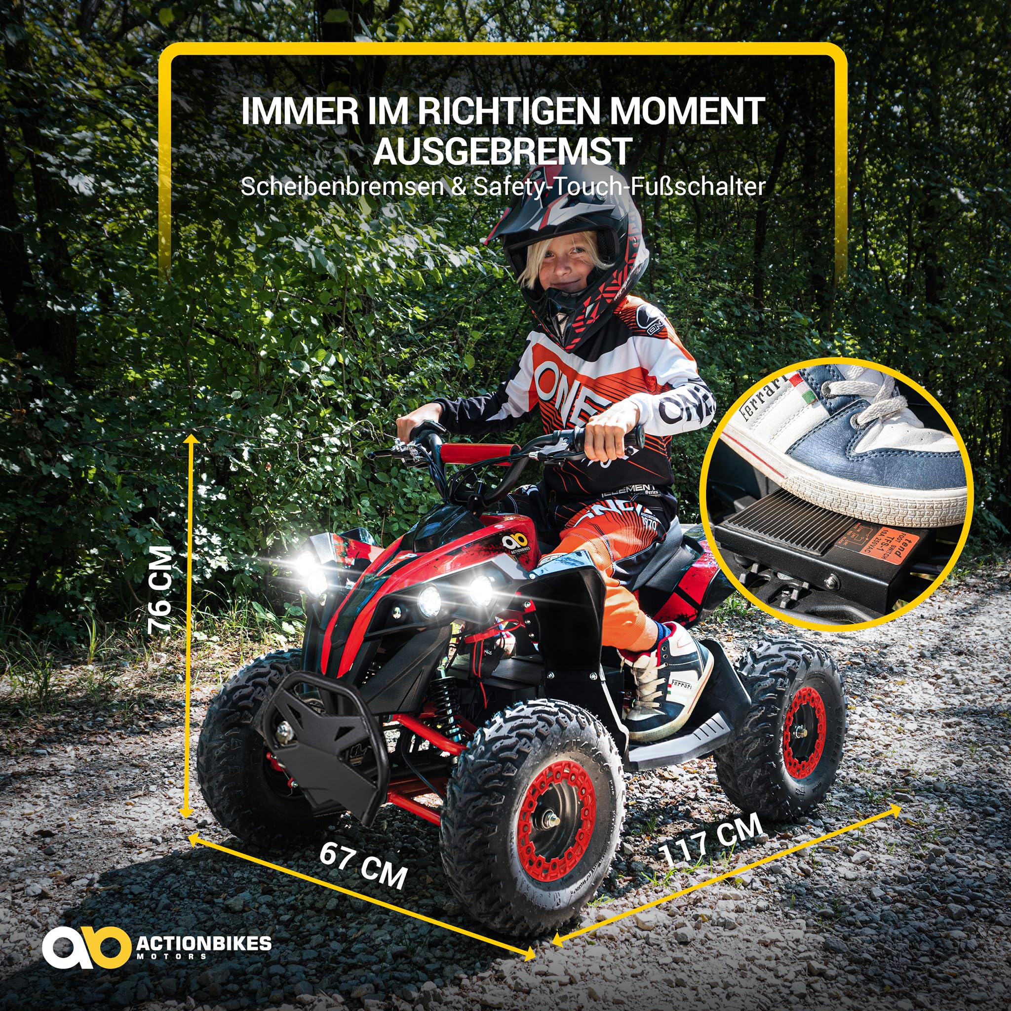 Actionbikes Motors Kinder Quad Elektro ATV Reneblade | 𝟒𝟖 Volt 𝟭𝟬𝟬𝟬 Watt Motor bis 𝟐𝟒 km/h - Kinderquad - Pocket Quad - Miniquad - Safety Fußschalter - Für Kinder ab 8 Jahren (Schwarz/Rot)
