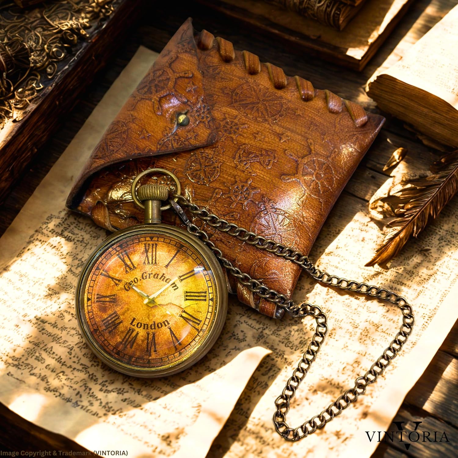 Brass Victorian Pocket Watch with Genuine Leather Case – Custom Engraved Vintage Style Clock– Personalized Gift for Men, Women, Collectors (Geo Graham London, Antique, Brass)