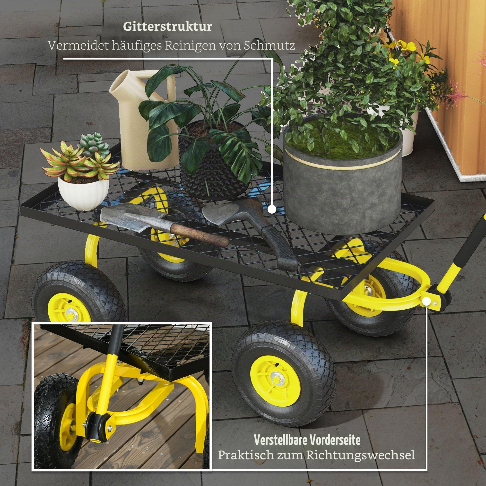 Outsunny Transportwagen für Garten, Handwagen, 4 Räder, 94 x 48,5 x 100 cm, max. Belastung 150 kg, Metall, Gelb
