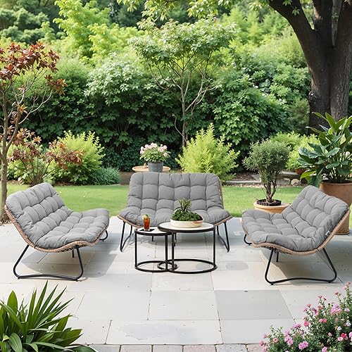 Crestlive Products Outdoor Loveseat 3PCS, Outdoor Sofa Set, All-Weather Boho Rattan Patio Furniture with Soft Cushion for Balcony, Poolside, Backyard (Without Table)