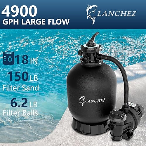 Miniatura 2 de LANCHEZ Bomba de filtro de arena de 18 pulgadas para piscina sobre el suelo con temporizador, bomba de piscina de 1.5 HP, máximo 4900 GPH para
