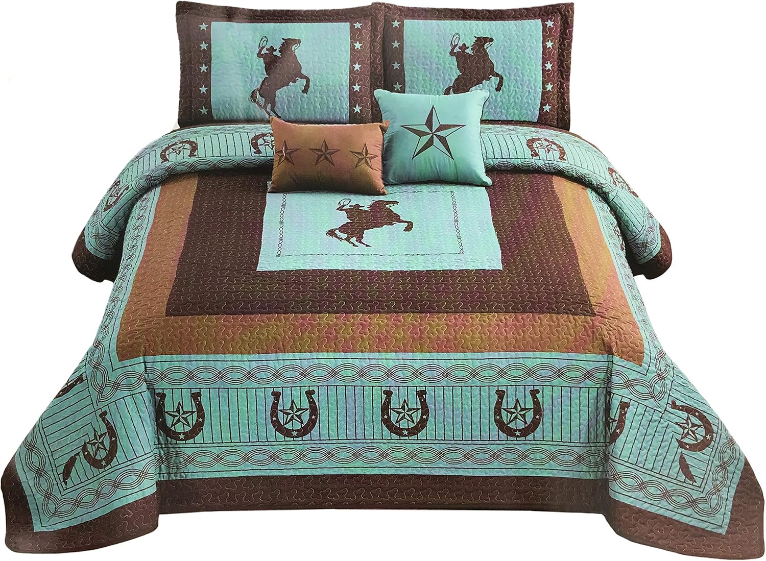 Western Collection New 5 Pieces Western Stars and Horses Cowboy Luxury Home Quilt Bedspread Oversize Comforter with Cushions (Queen, Brown Horse)