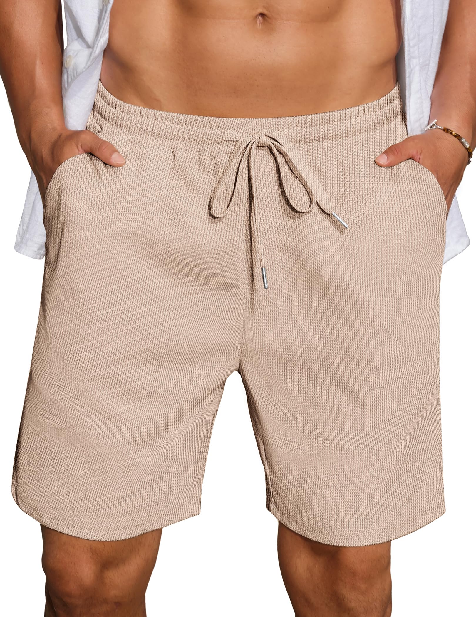 COOFANDY Mens Casual Waffle Shorts Elastic Waist Summer Beach Shorts 7" Workout Sweat Shorts