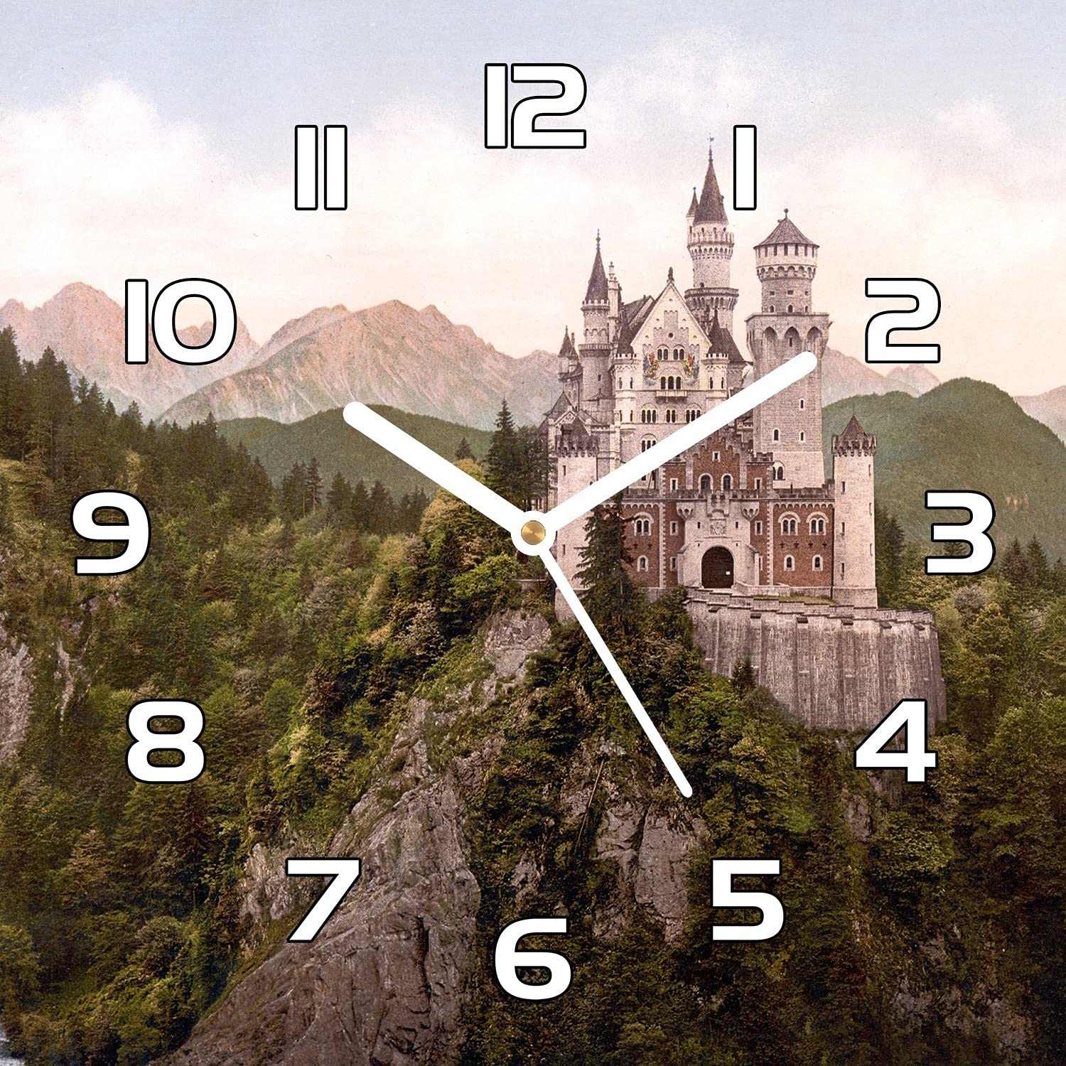 Horloge en verre sécurité 30x30 cm design moderne avec paysage de château