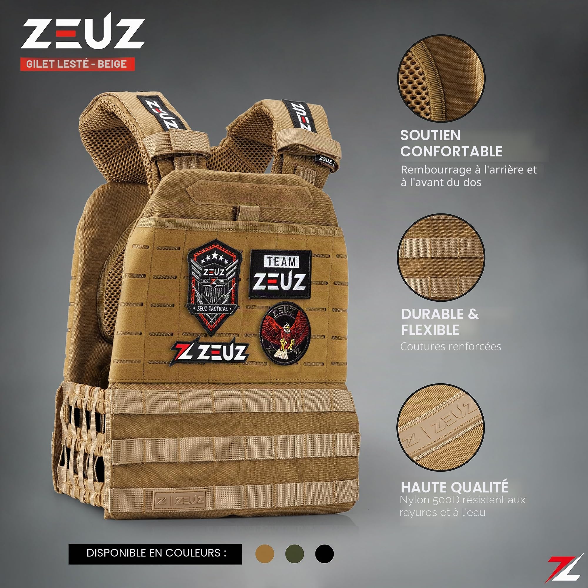 ZEUZ® 3.0 Gilet de poids Crossfit & Fitness 16,5 KG – Gilet tactique & Veste d'entraînement - Réglable en Poids – 19 Stands - Beige