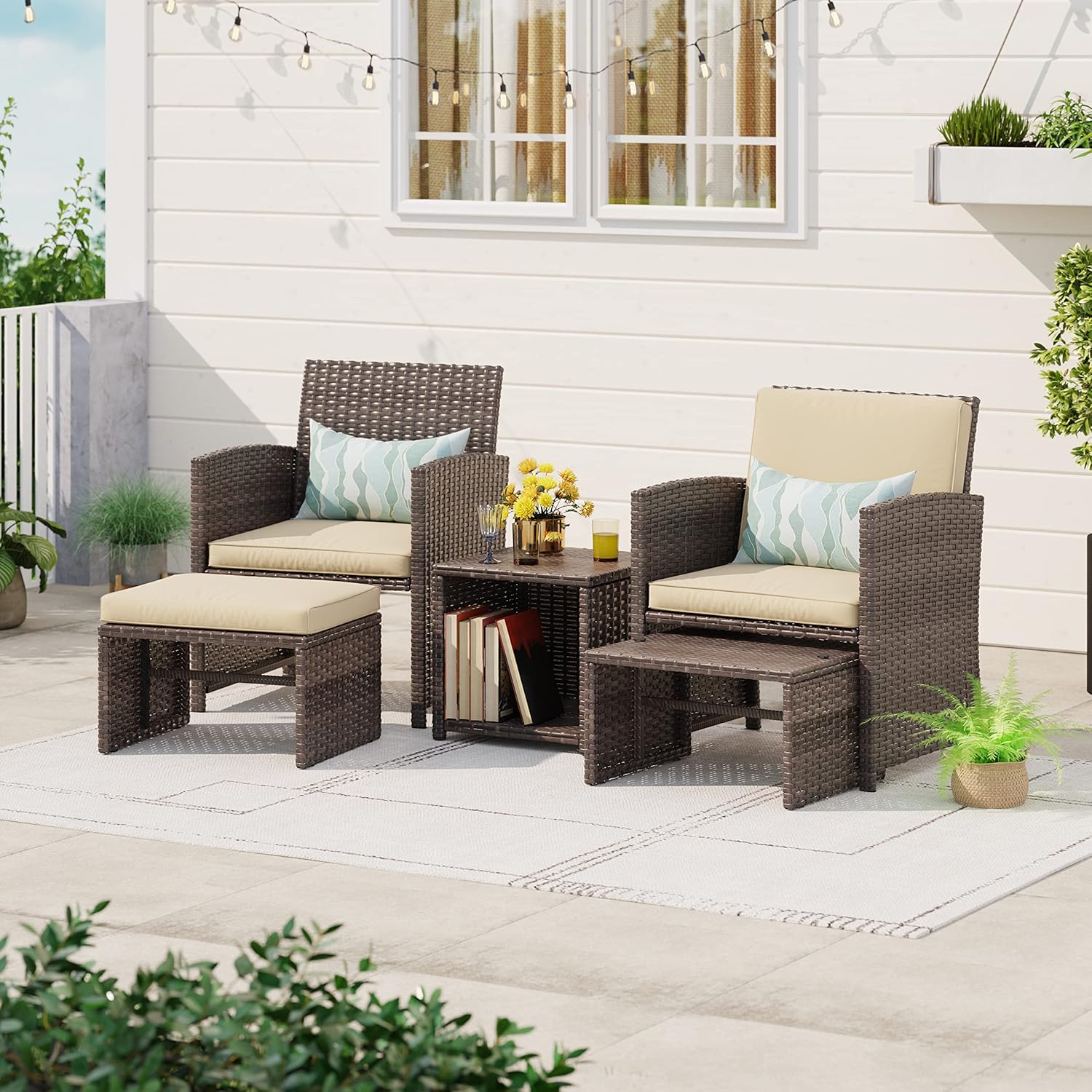 JARDINA Porch Furniture Patio Conversation Set, Outdoor Chairs Set of 2 with Ottoman Side Storage Table for Balcony, Poolside, Garden Brown Wicker