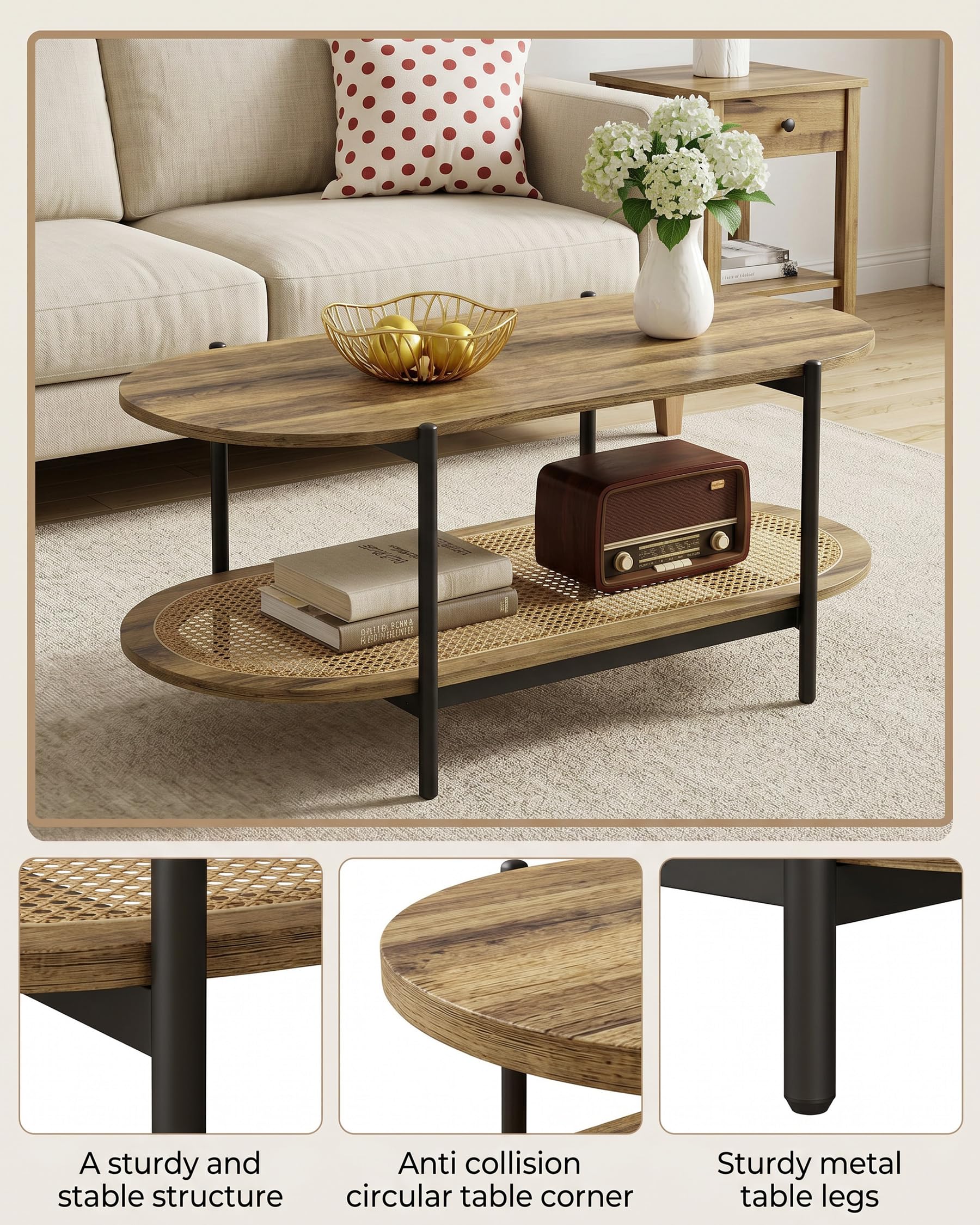 Tavolo Ovale, Tavolino Salotto Moderno Legno, Coffee Table, Tavolino da Salotto Moderno Legno con telaio nero e scaffale